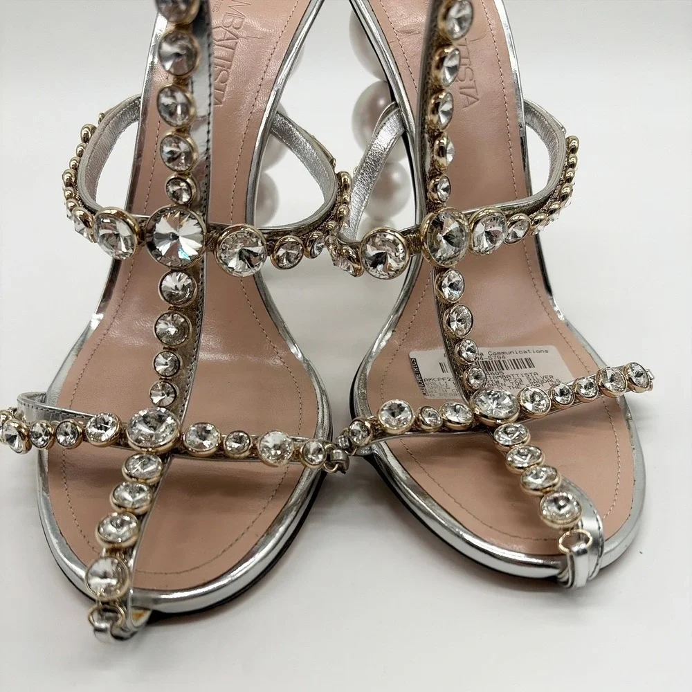 Giambattista Valli Crystal-Embellished T-Strap‎ Sandals Pearl Heel Bridal 39